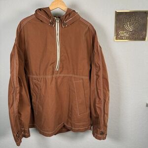 ZARA Women Brown Contrasting Stitch Quarter Zip Hooded Anorak Jacket L XL